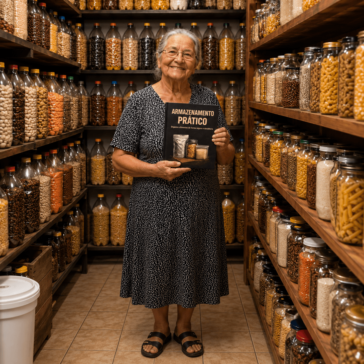 Senhora segurando o Manual Armazenamento Prático no centro de uma despensa abastecida