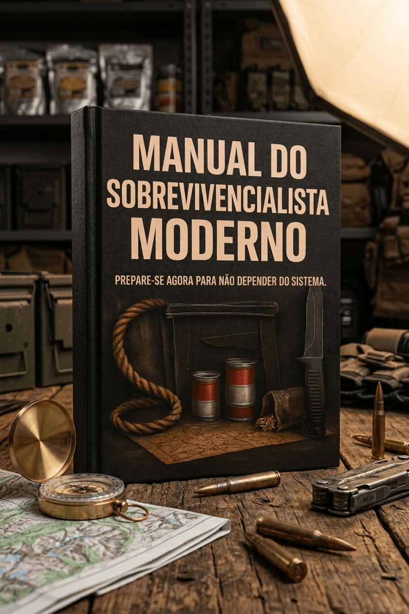 Manual do Sobrevivencialista Moderno - Livro em mesa com bussola, mapa e equipamentos de sobrevivencia