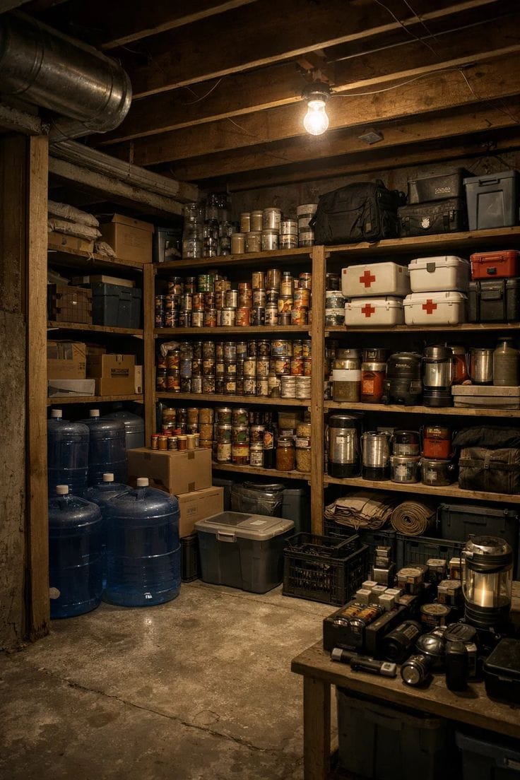 Despensa subterrânea abastecida com alimentos, água e equipamentos de emergência